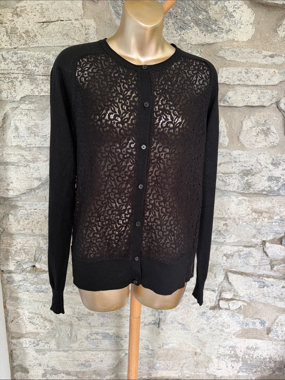 Black Lace-Front Button Cardigan